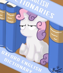 Size: 1300x1500 | Tagged: dead source, safe, artist:nexivian, sweetie belle, pony, unicorn, g4, book, bookshelf, dictionary, dictionary belle, female, lidded eyes, oxford dictionary, sitting, solo, sweetie belle is not amused