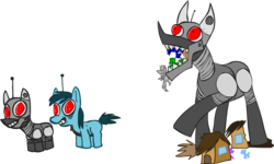 Size: 819x492 | Tagged: safe, artist:ghost, pegasus, pony, robot, friendship is witchcraft, giant robot, house, imminent death, vore