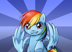 Size: 800x582 | Tagged: safe, artist:kuraidraws, rainbow dash, g4, abstract background, eyes open, grin, looking at you, smiling, solo, wings