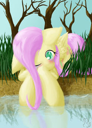 Size: 761x1050 | Tagged: dead source, safe, artist:gatitonyaa, fluttershy, pegasus, pony, g4, crying, dead tree, female, lying down, mare, solo, tree