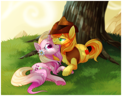 Size: 2581x2040 | Tagged: safe, artist:centchi, braeburn, oc, earth pony, pony, unicorn, g4, bedroom eyes, canon x oc, dappled sunlight, duo, eye contact, female, flower, flower in hair, grass, holding hooves, male, mare, nuzzling, prone, shade, shipping, smiling, stallion, straight, tree, underhoof