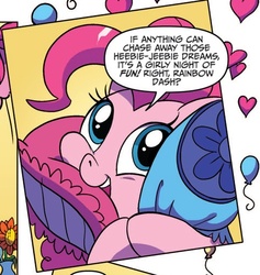Size: 500x528 | Tagged: safe, idw, official comic, pinkie pie, rainbow dash, earth pony, pony, g4, spoiler:comic, bold, bold text, cute, diapinkes, girly, heart, pillow, slumber party, squishy