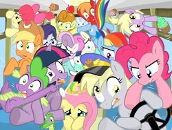 Size: 1035x780 | Tagged: safe, artist:shutterflye, angel bunny, apple bloom, applejack, big macintosh, bon bon, carrot top, derpy hooves, dinky hooves, fluttershy, golden harvest, gummy, lyra heartstrings, pinkie pie, rainbow dash, rarity, spike, sweetie belle, sweetie drops, twilight sparkle, earth pony, pegasus, pony, unicorn, g4, apple, bus, cupcake, derpy driving, driving, female, filly, hat, male, mane seven, mane six, mare, muffin, panic, stallion, this will end in tears