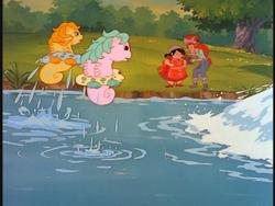 Size: 640x480 | Tagged: safe, screencap, draggle, reeka, sun shower, water lily (g1), sea pony, g1, baby sea ponies, spying, waterfall, witch