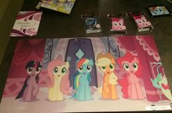 Size: 905x593 | Tagged: safe, applejack, dj pon-3, fluttershy, pinkie pie, rainbow dash, twilight sparkle, vinyl scratch, g4, official, suited for success, card, merchandise, poster, trading card