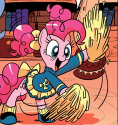 Size: 335x355 | Tagged: safe, idw, official comic, pinkie pie, earth pony, pony, g4, spoiler:comic, alternate hairstyle, cheerleader, cute, diapinkes, female, pom pom, solo