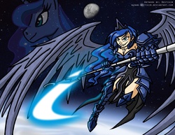 Size: 1100x850 | Tagged: safe, artist:niban-destikim, princess luna, human, g4, armor, humanized, moon, scythe, space, warrior luna, winged humanization