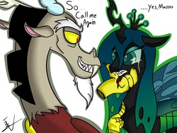 Size: 1600x1200 | Tagged: safe, artist:cat-morrison, discord, queen chrysalis, changeling, changeling queen, draconequus, g4, bust, crying, dialogue, disembodied hand, duo, female, grin, hand, male, master, simple background, smiling, white background