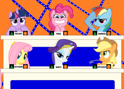 Size: 900x645 | Tagged: safe, artist:cmwaters, applejack, fluttershy, pinkie pie, rainbow dash, rarity, twilight sparkle, g4, cowboy hat, game show, gameshow, hat, looking at you, looking up, mane six, match game (game show), rainbow dash salutes, salute, stetson, text