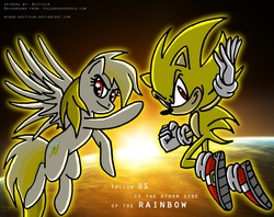 Size: 975x772 | Tagged: safe, artist:niban-destikim, rainbow dash, g4, backlighting, crossover, duo, female, male, mare, sonic the hedgehog, sonic the hedgehog (series), super rainbow dash, super rainbow dash (chaos emeralds), super sonic