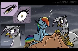 Size: 950x632 | Tagged: safe, artist:niban-destikim, gilda, rainbow dash, griffon, pony, g4, bandage, comic, female, injured, mare, pillow, sleeping, wide eyes