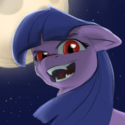 Size: 900x900 | Tagged: safe, artist:bluestreakfus, twilight sparkle, pony, vampire, g4, fangs, female, full moon, mare, missing horn, moon, night, open mouth, solo, visual pun