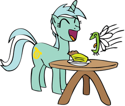 Size: 900x763 | Tagged: safe, artist:trotpilgrim, lyra heartstrings, parasprite, pony, unicorn, g4, swarm of the century, eating, female, mare, pie, table, this will end in tears