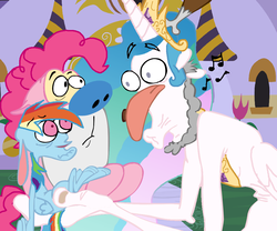 Size: 1000x833 | Tagged: safe, artist:zoiby, pinkie pie, princess celestia, rainbow dash, g4, male, nightmare fuel, not salmon, old man hunger, parody, ren and stimpy, ren hoek, renbow dash, stimpson j cat, wat