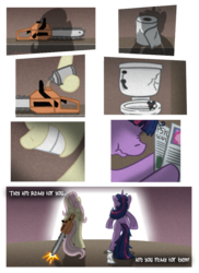 Size: 800x1100 | Tagged: safe, artist:furboz, artist:niban-destikim, fluttershy, twilight sparkle, mouse, pegasus, pony, unicorn, g4, ask, backlighting, badass, bipedal, chainsaw, comic, flutterbitch, implied pooping, scrunchy face, straining, toilet, toilet paper, tumblr, twilight snapple