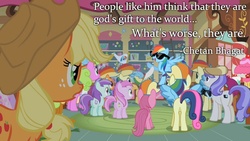 Size: 800x450 | Tagged: safe, artist:wisdomhoof, screencap, applejack, bon bon, daisy, flower wishes, liza doolots, noi, petunia, piña colada, rainbow dash, scootaloo, sweetie drops, tootsie flute, g4, quote, sugarcube corner, sunglasses