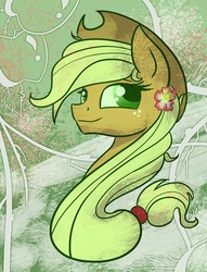 Size: 1280x1678 | Tagged: dead source, safe, artist:probablyfakeblonde, part of a set, applejack, earth pony, pony, g4, female, flower, flower in hair, palindrome get, portrait, smiling, solo