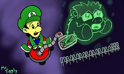 Size: 854x512 | Tagged: safe, artist:mr tiggly the wiggly walnut, fluffy pony, ghost, baby luigi, luigi, luigi's mansion, male, super mario bros., vacuum cleaner