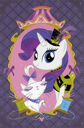 Size: 1265x1920 | Tagged: safe, artist:stephanie buscema, idw, opalescence, rarity, g4, official, clothes, comic, cover, dress, hat