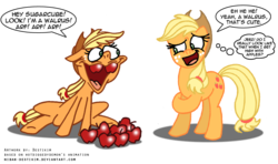 Size: 884x525 | Tagged: safe, artist:niban-destikim, applejack, earth pony, pony, .mov, g4, apple, applejack's hat, cowboy hat, dialogue, eye contact, female, hat, jappleack, looking at each other, mare, open mouth, self paradox, self ponidox, sitting, speech bubble, uncomfortable