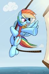 Size: 1500x2250 | Tagged: safe, artist:dappercat-uk, rainbow dash, g4, eyepatch, hilarious in hindsight, mouth hold, pirate, pirate dash, swinging