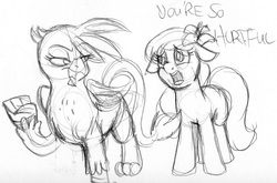 Size: 2051x1350 | Tagged: dead source, safe, artist:enigmaticfrustration, gilda, lily, lily valley, earth pony, griffon, pony, g4, crack shipping, dialogue, female, floppy ears, lesbian, lilda, monochrome, shipping, simple background, sketch, traditional art, white background