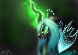 Size: 2120x1484 | Tagged: safe, artist:vet2b, queen chrysalis, changeling, changeling queen, g4, crown, female, glowing, glowing horn, horn, jewelry, magic, regalia, solo