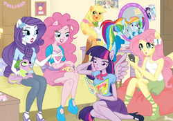 Size: 1000x700 | Tagged: dead source, safe, artist:elenaboosy, applejack, fluttershy, pinkie pie, rainbow dash, rarity, spike, trixie, twilight sparkle, dog, anthro, equestria girls, g4, adventure in the comments, alternative cutie mark placement, bedroom, cellphone, eqg promo pose set, equestria girls prototype, facial cutie mark, girly, gossip, interior, lipstick, magazine, makeup, mane seven, mane six, mascara, mirror, nail polish, phone, ponied up, spike the dog, tomboy taming