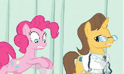 Size: 663x400 | Tagged: safe, screencap, doctor horse, doctor stable, pinkie pie, earth pony, pony, unicorn, g4, read it and weep, animated, duo, flailing, glasses, hoofy-kicks, hub logo, loop, male, stallion, standing, standing on one leg