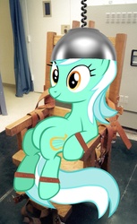 Size: 854x1399 | Tagged: safe, lyra heartstrings, pony, unicorn, g4, angst what angst?, electric chair, execution, female, horn, mare, meme, sitting, sitting lyra, solo