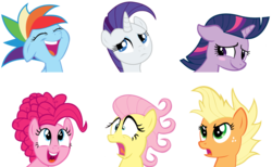 Size: 1430x879 | Tagged: safe, artist:totallynotabronyfim, applejack, fluttershy, pinkie pie, rainbow dash, rarity, twilight sparkle, pony, g4, alternate hairstyle, angry, blushing, bust, dilated pupils, ears back, expressions, eyes closed, frown, haircut, hilarious in hindsight, laughing, lol, mane six, mohawk, mohawks for everypony, open mouth, portrait, scared, shocked, silly, silly pony, simple background, smiling, surprised, transparent background, uvula, vector, wide eyes, worried