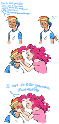 Size: 506x1054 | Tagged: safe, artist:scorpiordinance, pinkie pie, rainbow dash, human, g4, askhumanpinkiedash, blushing, female, humanized, lesbian, ponytail, ship:pinkiedash, shipping