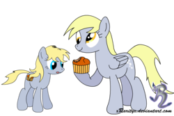 Size: 720x480 | Tagged: safe, artist:king-shoutmon, derpy hooves, oc, oc:lindsay hooves, g4, filly, muffin, offspring, parent:derpy hooves, parent:unnamed oc, parents:canon x oc
