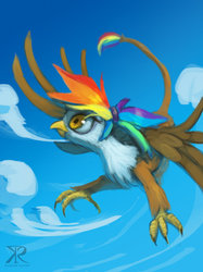 Size: 1024x1366 | Tagged: safe, artist:grissaecrim, oc, oc only, oc:rainbow feather, griffon, hybrid, flying, interspecies offspring, magical lesbian spawn, offspring, parent:gilda, parent:rainbow dash, parents:gildash, sky, solo