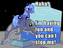 Size: 1600x1224 | Tagged: safe, artist:miketheuser, edit, princess luna, alicorn, dolphin, pony, g4, crown, female, happy, having fun, hoof shoes, jewelry, kiddie ride, mare, moon, open mouth, peytral, photoshop, regalia, riding, s1 luna, smiling, solo, stars