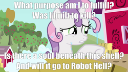 Size: 1280x720 | Tagged: safe, edit, edited screencap, screencap, sweetie belle, pony, robot, unicorn, g4, one bad apple, apple tree, caption, female, filly, foal, hooves, horn, image macro, mega man (series), meme, solo, song reference, sweetie bot, teeth, text, the megas, tree, water