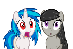 Size: 900x610 | Tagged: safe, dj pon-3, octavia melody, vinyl scratch, g4, reaction image, red eyes, wrong eye color