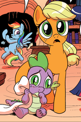 Size: 390x583 | Tagged: safe, idw, official comic, applejack, rainbow dash, spike, twilight sparkle, dragon, earth pony, pegasus, pony, g4, spoiler:comic, blanket, crying, donald dash, female, hatless, male, mare, missing accessory, ship:applespike, shipping, straight, worried