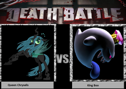 Size: 840x598 | Tagged: safe, queen chrysalis, changeling, changeling queen, ghost, g4, boo (super mario), changeling lady, crown, death battle, female, jewelry, king boo, luigi's mansion, regalia, royalty, sharp teeth, super mario bros., teeth, this will end in death, tongue out