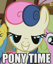 Size: 496x603 | Tagged: safe, edit, edited screencap, screencap, bon bon, daisy, flower wishes, lemon hearts, sweetie drops, g4, the ticket master, grin, image macro, lidded eyes, pony time, smiling, text, time for ponies