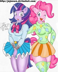 Size: 1358x1691 | Tagged: safe, artist:jojocoso, artist:kimbawest, pinkie pie, twilight sparkle, anthro, g4, bow, breasts, busty pinkie pie, busty twilight sparkle, clothes, female, legs together, skirt, socks, stockings, sweater, thigh highs, wink