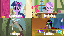 Size: 1280x719 | Tagged: safe, diamond tiara, discord, king sombra, twilight sparkle, g4, double meaning, pun