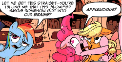 Size: 519x266 | Tagged: safe, artist:superedit, edit, idw, applejack, pinkie pie, rainbow dash, g4, animated, applejack is not amused, comic, face licking, facehoof, female, floppy ears, frown, heart eyes, hoof on head, lesbian, licking, open mouth, puffy cheeks, question, ship:applepie, shipping, tongue out, unamused