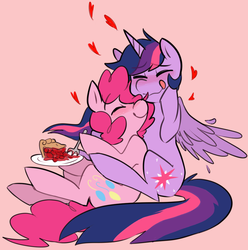 Size: 1036x1045 | Tagged: safe, artist:ghost, pinkie pie, twilight sparkle, alicorn, pony, g4, blushing, cute, diapinkes, eating, eyes closed, female, food, fork, happy, heart, herbivore, lesbian, licking lips, mare, neck nuzzle, nuzzling, pie, pun, ship:twinkie, shipping, sitting, smiling, snuggling, tongue out, twiabetes, twilight sparkle (alicorn), twinkiebetes, wavy mouth