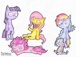 Size: 600x446 | Tagged: safe, artist:dethkira, fluttershy, pinkie pie, rainbow dash, spike, twilight sparkle, dragon, earth pony, pegasus, pony, unicorn, .mov, g4, bipedal, female, male, mare, sitting on head