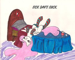 Size: 1000x799 | Tagged: safe, artist:asklittlecelestia, princess celestia, pony, g4, bed, clothes, female, sick, socks, solo, striped socks, tissue, traditional art