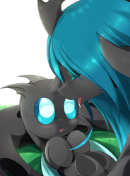Size: 1050x1425 | Tagged: safe, artist:zymonasyh, queen chrysalis, changeling, changeling queen, nymph, g4, :o, baby, blushing, cute, cutealis, cuteling, duo, eyes closed, fangs, female, licking, lying down, mommy chrissy, on back, open mouth, prone, smiling, tongue out, underhoof