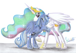 Size: 2332x1636 | Tagged: safe, artist:patoriotto, princess celestia, princess luna, g4, hug, s1 luna, traditional art