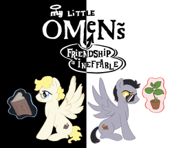 Size: 1000x864 | Tagged: safe, artist:launchycat, angel, angel pony, demon, demon pony, original species, pegasus, pony, anthony j. crowley, aziraphale, black background, book, crowley, duo, duo male, glasses, good omens, house plant, magic, magic aura, male, ponified, simple background, stallion, white background
