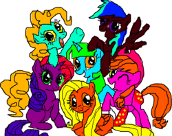 Size: 788x625 | Tagged: safe, artist:jazzybirdadopts, applejack, fluttershy, pinkie pie, rainbow dash, rarity, twilight sparkle, oc, g4, 1000 hours in ms paint, donut steel, mane six, mane six opening poses, ms paint, recolor, simple background, transparent background